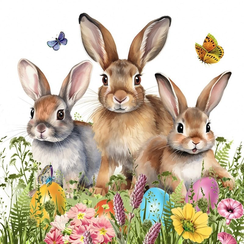 20 Napkins Easter Rabbit Family in Flower Field as Table Decoration Paper Napkins with Motif Also for Decoupage and Decoupage 33 x 33 cm