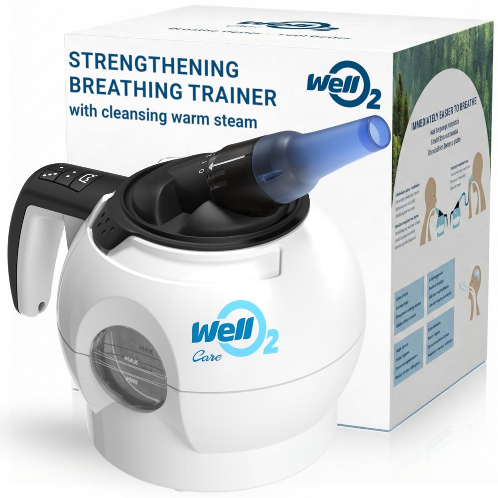 Breathing Trainer with Warm Steam Intake WellO2, The Only Gym and Spa for Lungs - Adjustable Lung Trainer - Open, Cleanse and Strengthen Lungs