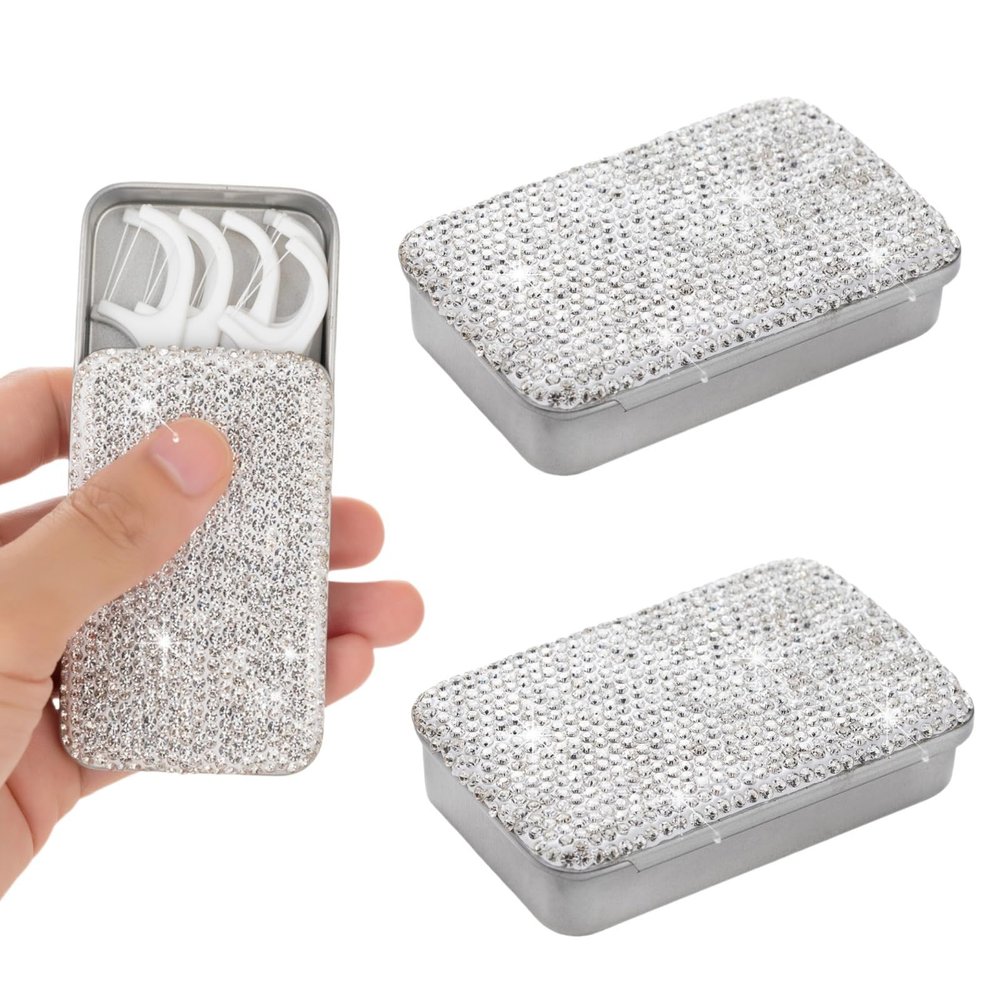 EveryBling 2pcs Dental Floss Holder Bling Gum Container Small Metal Tin Box Case for Q-tip,Cotton SwabSilver