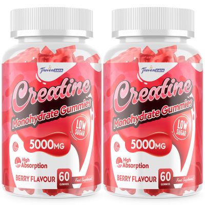 Truvenzara Creatine Monohydrate Gummies 5000mg, 5-in-1 Vegan Supplement with Taurine, B6 & B12, for Energy, Endurance & Muscle Builder, Low Sugar, High Absorption, Natural Berry, 120 Count