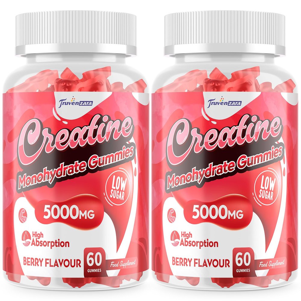 Truvenzara Creatine Monohydrate Gummies 5000mg, 5-in-1 Vegan Supplement with Taurine, B6 & B12, for Energy, Endurance & Muscle Builder, Low Sugar, High Absorption, Natural Berry, 120 Count