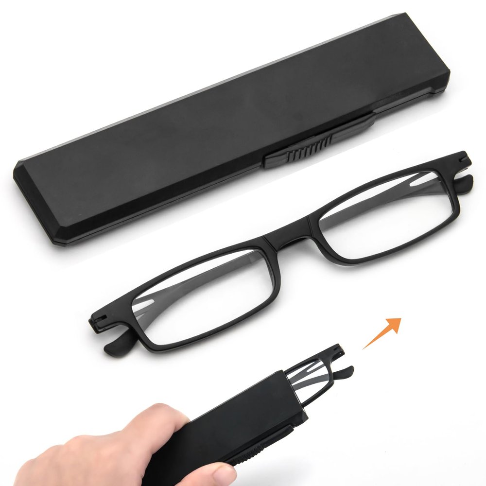 MMOWW Ultra thin Reading Glasses TR90 Lightweight for Men Women Blue Light Blocking Compact Computer Readers Portable Unique Stretchable Slim Flat case Black +2.25