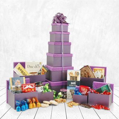 The Amethyst Gift Tower | 53cm 6-Tier Luxury Food Hamper with Lindt Truffles, Award-Winning Biscuits, Fudge, Olives & Fruit Cake | Large Purple Boxes