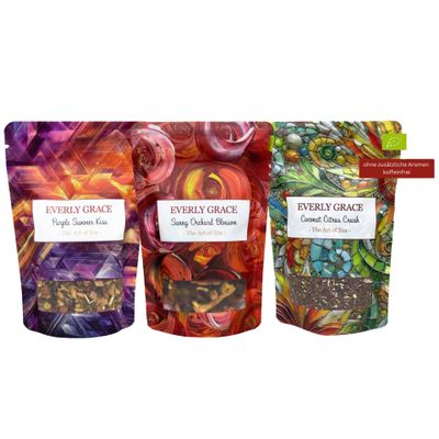 Everly Grace Summer Fruit Tea Collection, 3 Organic Varieties Including Coconut Citrus Purple Summer and Sunny Orchard, Caffeine Free Refreshment, No Artificial Flavours, Loose Leaf Gift Box