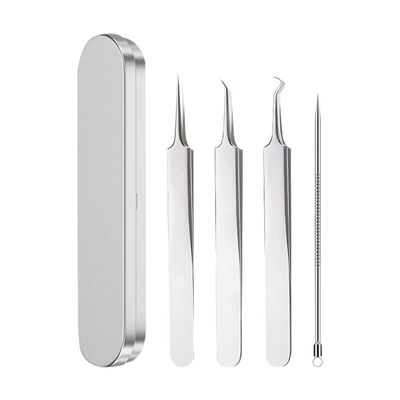 FSSTUD 4 Pcs Professional Facial Blackhead Remover Tweezers Precision Black Head Extractor Stainless Steel Ingrown Hair Tweezers Pimple Extractor Needle Tools with Metal Case for Forehead