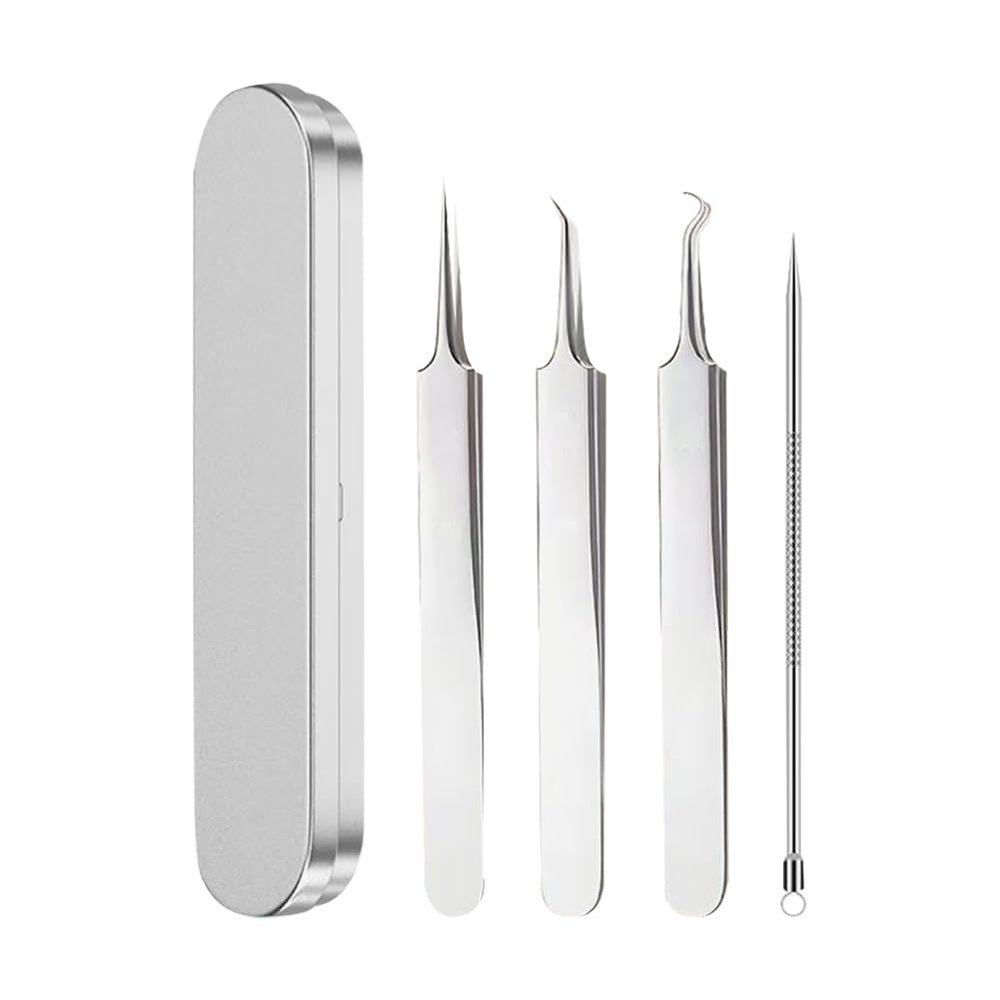 FSSTUD 4 Pcs Professional Facial Blackhead Remover Tweezers Precision Black Head Extractor Stainless Steel Ingrown Hair Tweezers Pimple Extractor Needle Tools with Metal Case for Forehead