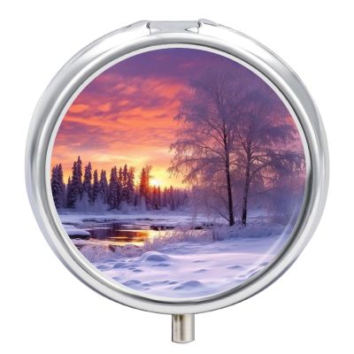 Winter Landscape Round Pill Box 3 Compartment Medicine Pill Organizer with Mirror Travel Small Pill Case Cute Vitamin Organizer Portable Daily Pill Container for Pocket Purse
