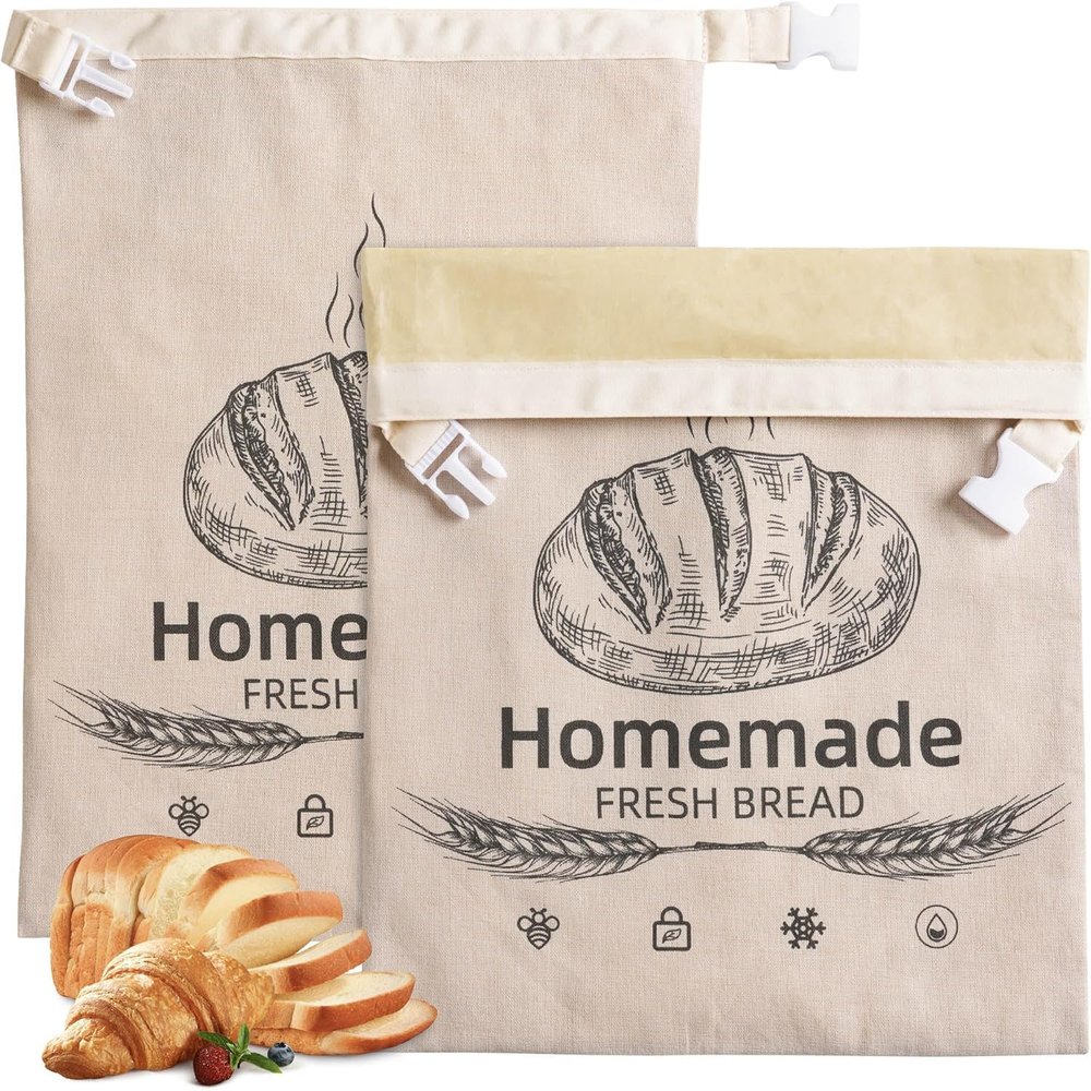 2 Pack Beeswax Bread Bags for Sourdough,Buckle Reusable Organic Linen Beeswax Bread Bag for Homemade Sourdough 17.5 x 11.5 Inches Food Storage
