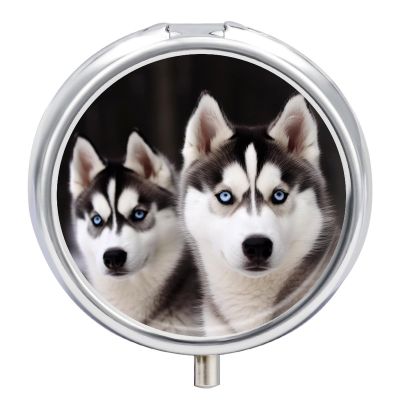Husky Dog Round Pill Box 3 Compartment Medicine Pill Organizer with Mirror Travel Small Pill Case Cute Vitamin Organizer Portable Daily Pill Container for Pocket Purse