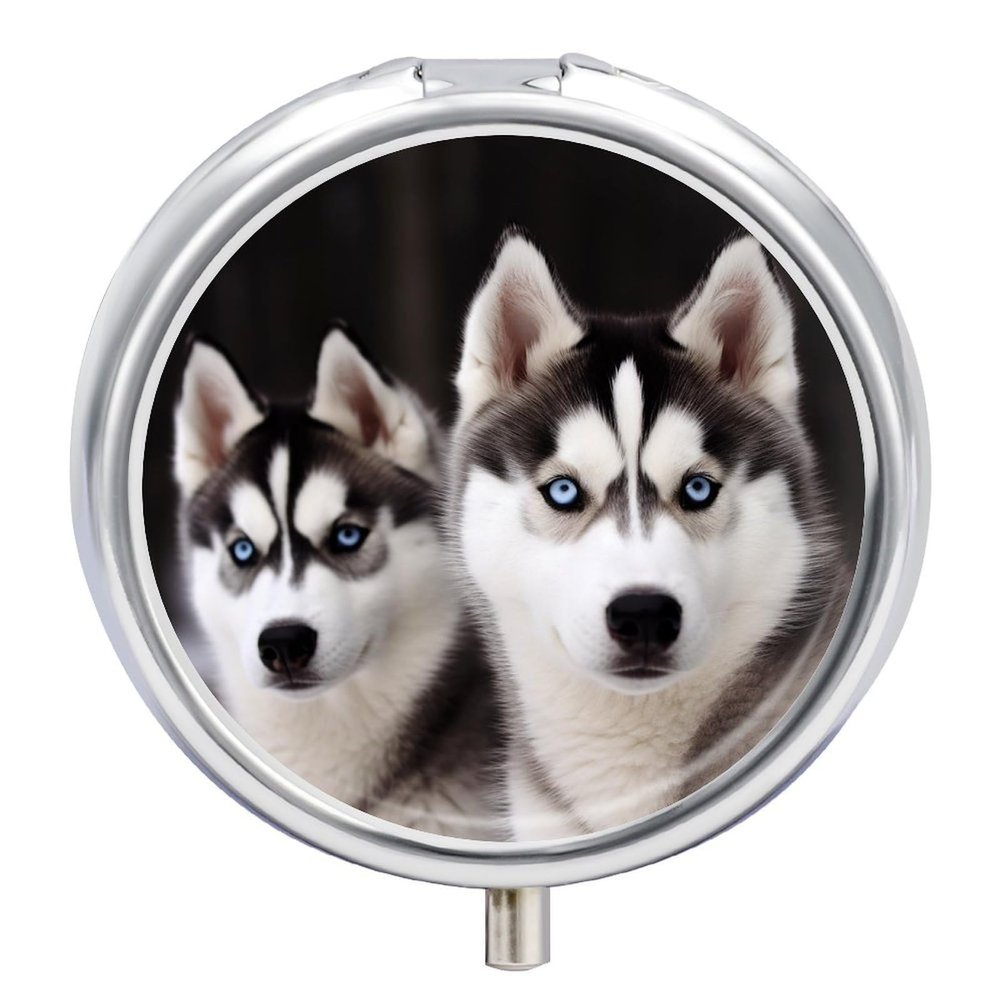 Husky Dog Round Pill Box 3 Compartment Medicine Pill Organizer with Mirror Travel Small Pill Case Cute Vitamin Organizer Portable Daily Pill Container for Pocket Purse
