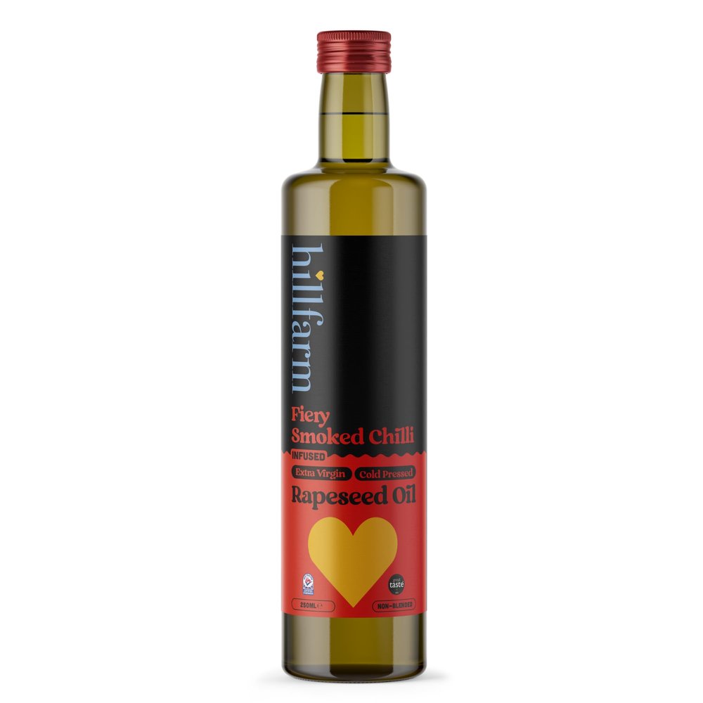 Hillfarm Fiery Smoked Chilli Extra Virgin Cold Pressed Rapeseed Oil - 250ml | Chilli Oil for Finishing & Dressing | Low in Saturated Fat | High in Omega 3 | Fiery, Smoked Flavour | Gluten Free & Vegan
