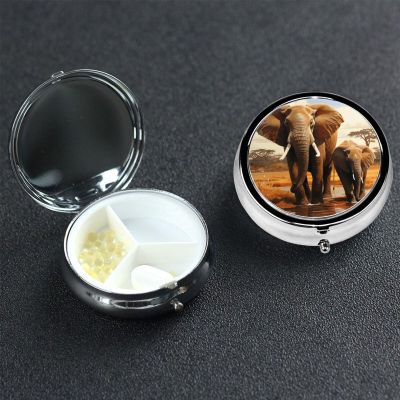Elephant Family Pill Box 3 Compartment Round Portable Pill Case for Pocket or Purse Small Weekly Medicine Planner Travel Pillbox with Mirror Decorative Metal Vitamin Holder Gifts