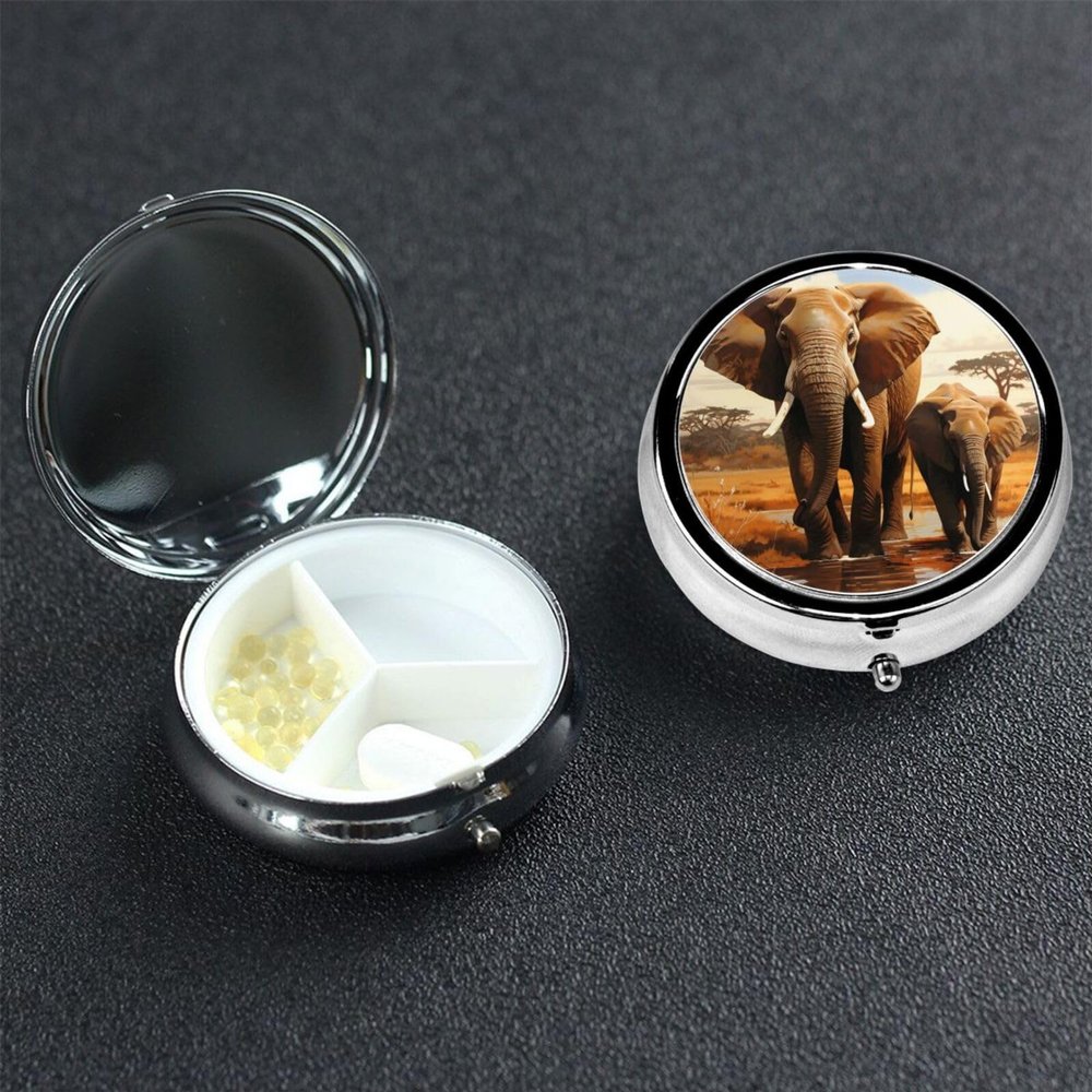 Elephant Family Pill Box 3 Compartment Round Portable Pill Case for Pocket or Purse Small Weekly Medicine Planner Travel Pillbox with Mirror Decorative Metal Vitamin Holder Gifts