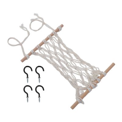 Hanging Fruit Hammock, Minimalist Cotton Ropes with Large Capacity, Solid Wooden Storage Net Bag, Handwoven Organiser for Kitchen or Shopping Trolley (40 cm)