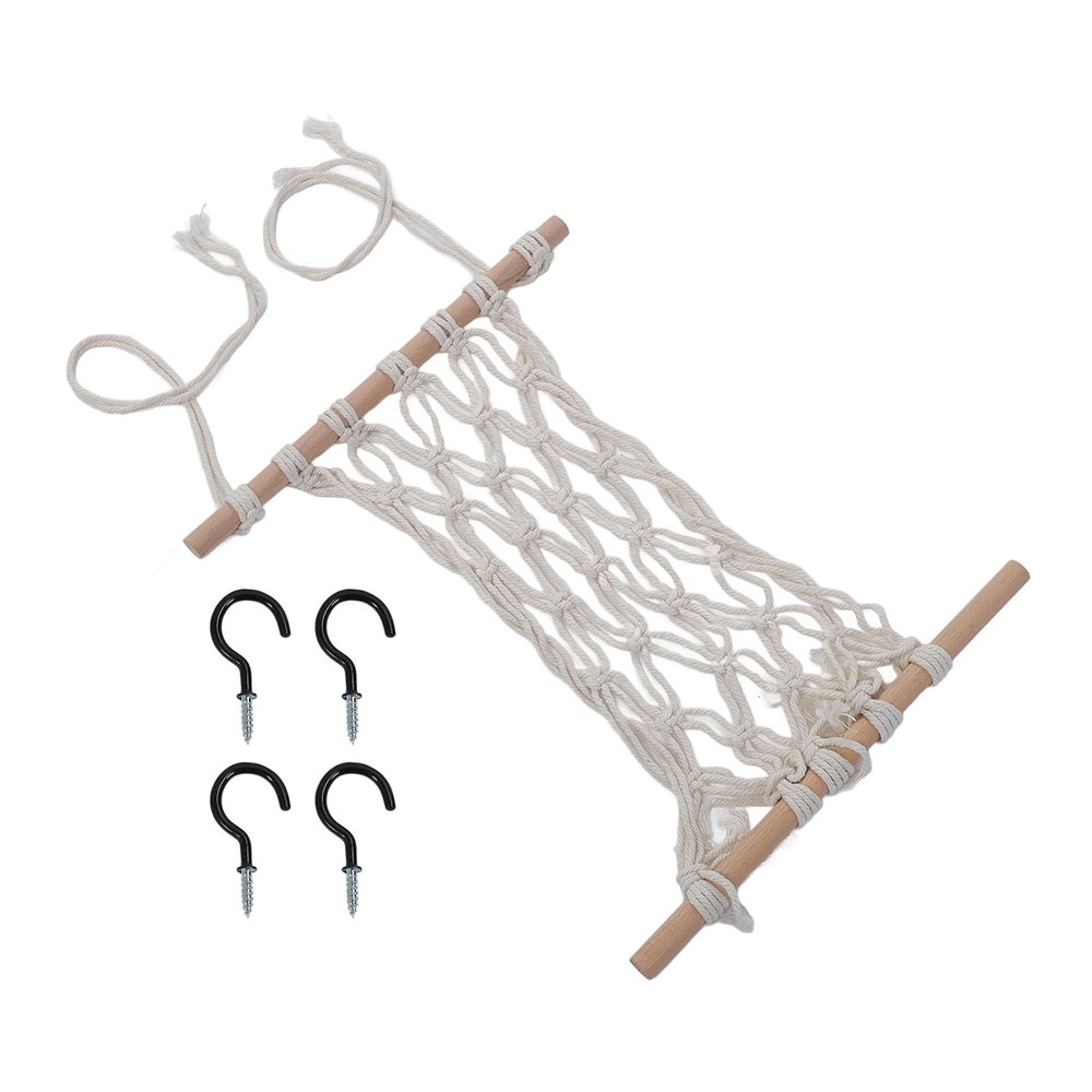 Hanging Fruit Hammock, Minimalist Cotton Ropes with Large Capacity, Solid Wooden Storage Net Bag, Handwoven Organiser for Kitchen or Shopping Trolley (40 cm)