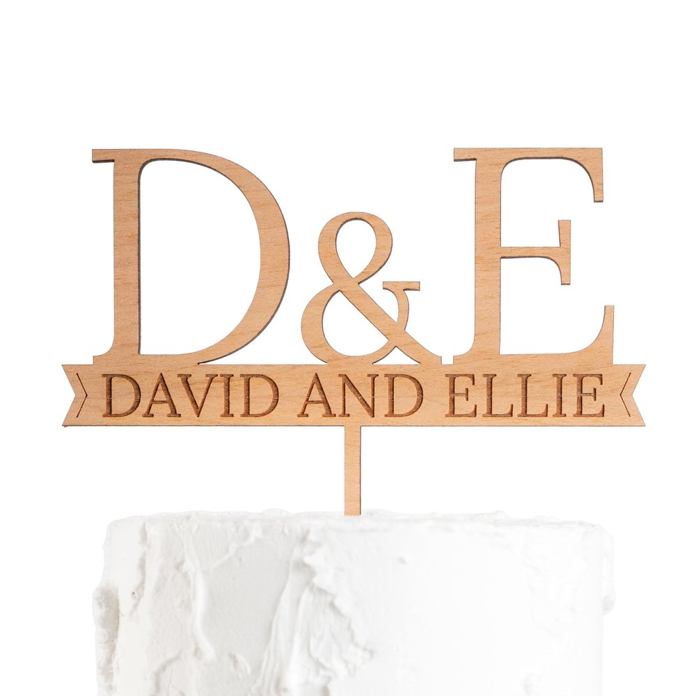 Personalised Wooden Cake Topper, Bride and Groom Initials, 4mm Thick, Multiple Wood Finishes (Cherry)