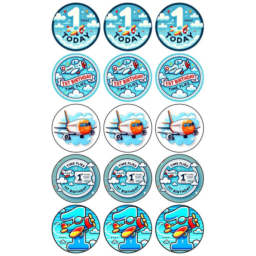 15 x Time Flies 1st Birthday Edible Cupcake Toppers Wafer Card or Icing First Birthday Themed Party Decorations Perfect For Brownies Cookies Muffins & More! (Premium Icing Sheet)