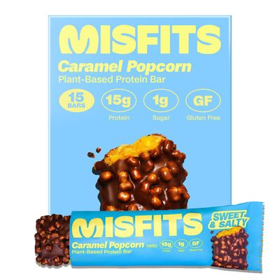 Misfits Vegan Protein Bar - Sweet & Salty Caramel Popcorn | 16 grams Protein | 1 gram Sugar | Plant-Based, Low Carb, High Fibre | No Palm Oil | Non-GMO | Pack of 15