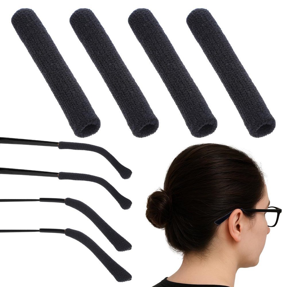 2 Pair Glasses Ear Cushions, Black Glass Tips, Soft Ear Pads for Glasses, Elastic Cushion for Glass, Non-Slip Eyeglass Temple Tips