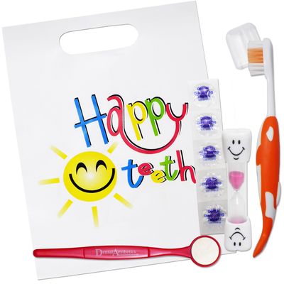 Happy Teeth Gift Bag ~ Childrens Toothbrush, Timer, Disclosing Tablets & Mirror (Pink)