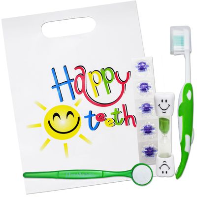 Happy Teeth Gift Bag ~ Childrens Toothbrush, Timer, Disclosing Tablets & Mirror (Green)