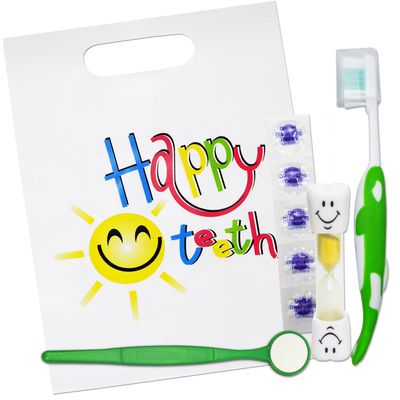 Happy Teeth Gift Bag ~ Childrens Toothbrush, Timer, Disclosing Tablets & Mirror (Yellow)