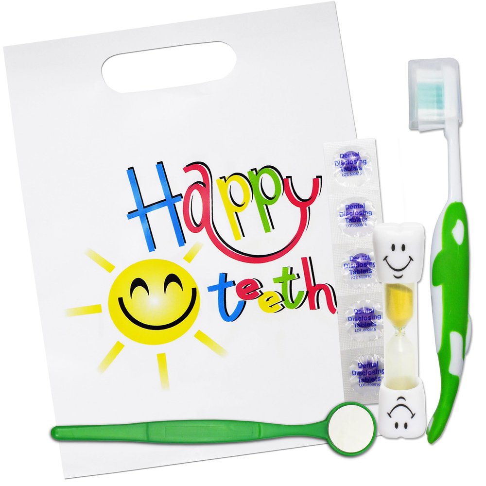Happy Teeth Gift Bag ~ Childrens Toothbrush, Timer, Disclosing Tablets & Mirror (Yellow)
