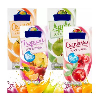 4 x Mixed Flavours of Orange,Apple,Tropical,Cranberry Juice Drink Carton 4l