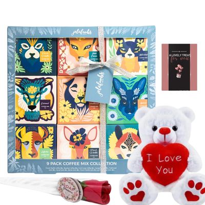 JOLAFUNBS Coffee Gifts Hamper 9pk Instant Coffee Sachets Individually Wrapped 20g Each, Teddy Bear & Soap Rose Gifts for Men & Women Mens (I Love You Teddy & Coffee)