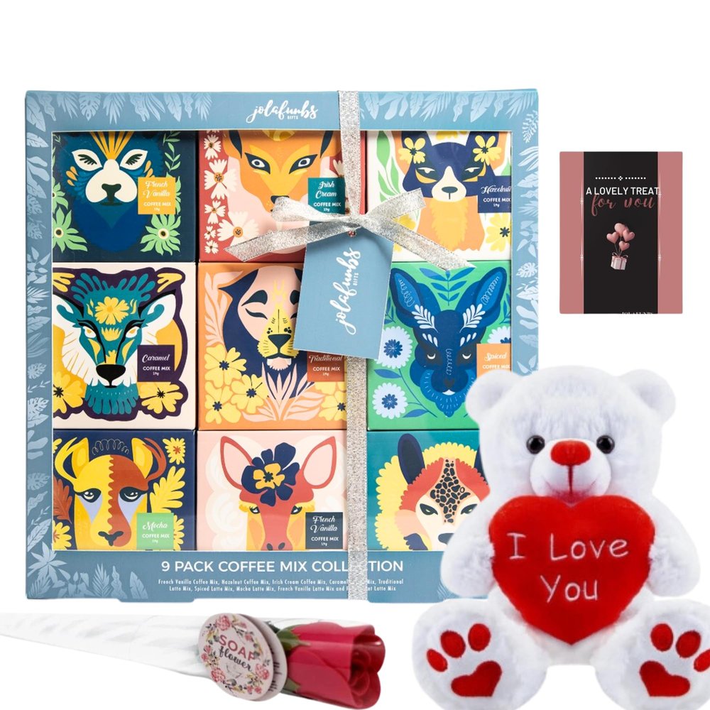 JOLAFUNBS Coffee Gifts Hamper 9pk Instant Coffee Sachets Individually Wrapped 20g Each, Teddy Bear & Soap Rose Gifts for Men & Women Mens (I Love You Teddy & Coffee)