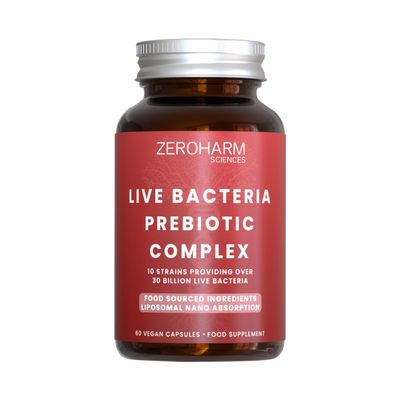 ZeroHarm Prebiotic & Live Bacteria Complex 30 Billion CFU with 10 Strains Gut, Digestion & Microbiome Support Liposomal Absorption Powered by Real Food Ingredients 60 Vegan Capsules