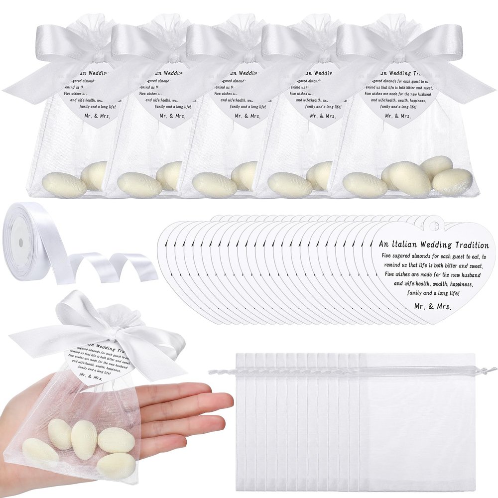 Fullhawl 101 Pcs 50 Sets Wedding Italian Almond Favors Including Organza Mesh Bag Ribbon Love Card DIY Marzipan Souvenirs for Engagement Bridal Shower Italian Wedding Traditional Gifts