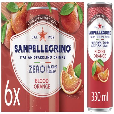San Pellegrino Italian Sparkling Drinks Zero Sparkling Blood Orange Canned Soft Drink 6 x 330ml, 21kCals per can