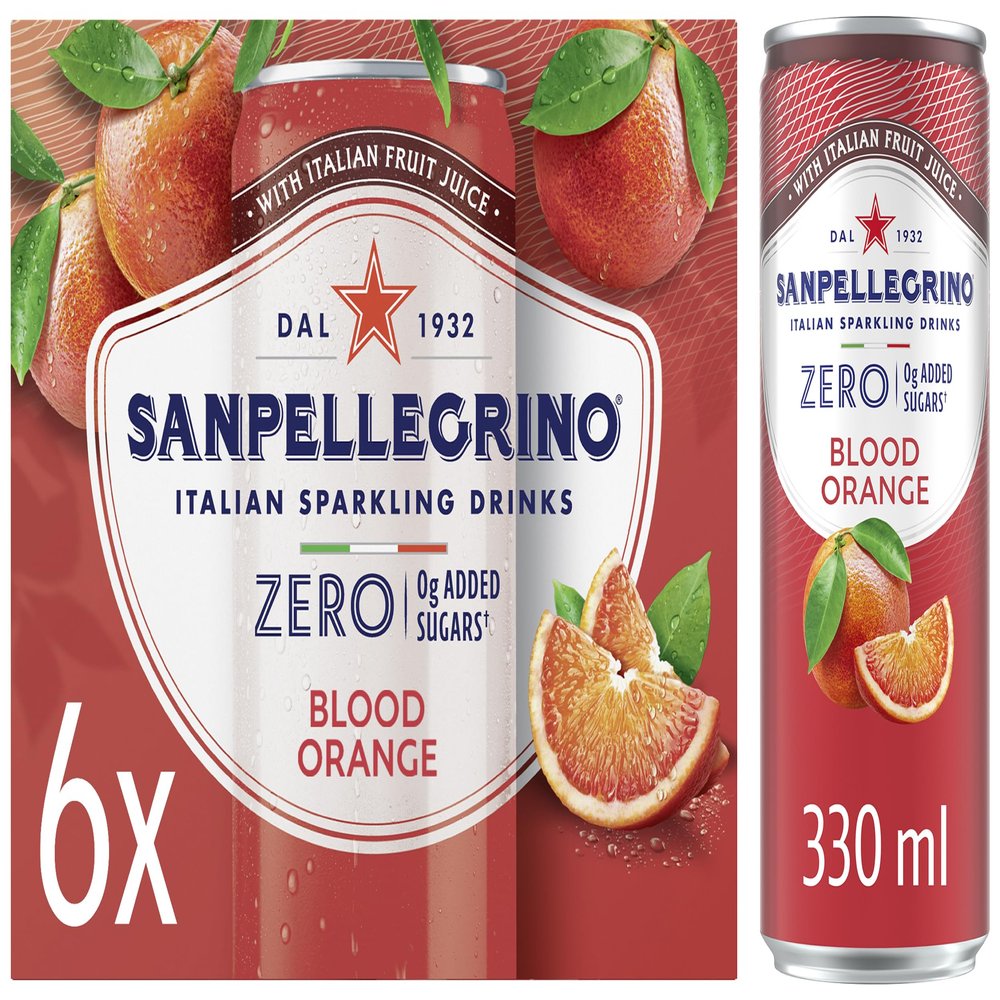 San Pellegrino Italian Sparkling Drinks Zero Sparkling Blood Orange Canned Soft Drink 6 x 330ml, 21kCals per can
