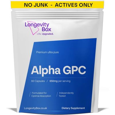 Longevity Box Alpha GPC 650mg High-Potency Nootropic for Focus, Memory & Mental Energy 99% Pure Choline 60 Capsules, Gluten-Free, Tested