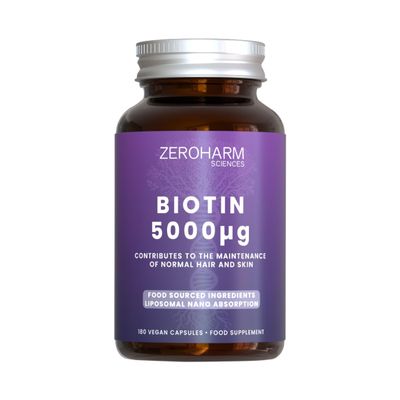 ZeroHarm Biotin 5000mcg Plant-Based Biotin from Natural Extracts Hair, Skin & Nails Vitamin Liposomal Absorption Powered by Real Food Ingredients 180 Vegan Capsules