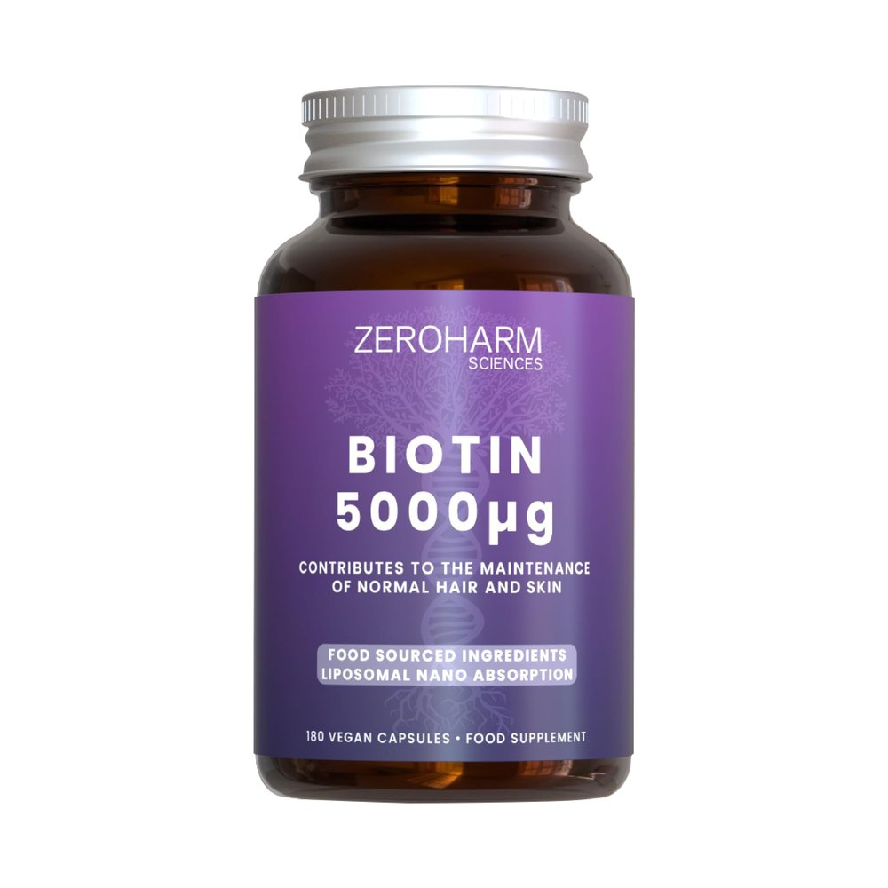ZeroHarm Biotin 5000mcg Plant-Based Biotin from Natural Extracts Hair, Skin & Nails Vitamin Liposomal Absorption Powered by Real Food Ingredients 180 Vegan Capsules