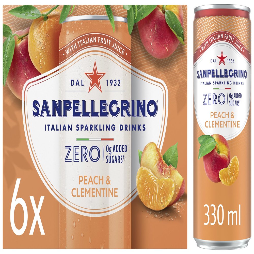 San Pellegrino Italian Sparkling Drinks Zero Sparkling Peach & Clementine Canned Soft Drink 6 x 330ml, 21kCals per can