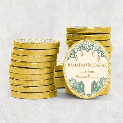 Personalised Eid Mubarak Ramadan Mubarak chocolate Coins Luxury Gold foiled discs gifting Eid gold - Ramadan Mubarak Teal - 30 Set