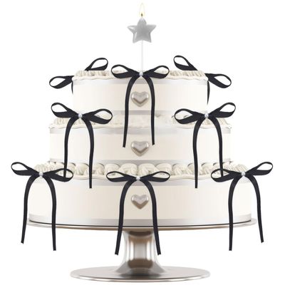 10pcs Bow Cake Topper, 5x7in Black Polyester Bow Pearl Cake Decorations Bowknot Picks Elegant Vintage Party Dessert Decorations for Baby Shower Birthday Engagement Anniversary