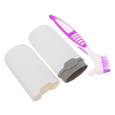 MOLUCKFU Travel Toothbrush Case Holder and Denture Cleaning Brush 2pcs Set, Portable Toothbrush Cup Holder Double-Sided Bristle, Compact Oral Care Storage for Home and Travel