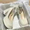 SLJYM Women High Heels Elegant Bow Square Women Mary Shoes Pearl Lace Party Wedding Fashion Platform Pump view 1