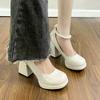 SLJYM Women High Heels Elegant Bow Square Women Mary Shoes Pearl Lace Party Wedding Fashion Platform Pump view 2
