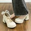 SLJYM Women High Heels Elegant Bow Square Women Mary Shoes Pearl Lace Party Wedding Fashion Platform Pump view 4