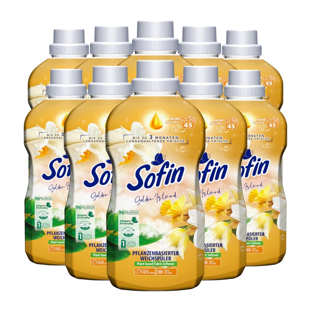 Sofin Golden Island Vegan Fabric Softener 0.81 L for 45 Washes in a Set of 10 With Anti-Pilling Effect, No Microplastics, Heavenly Soft & Scented Laundry