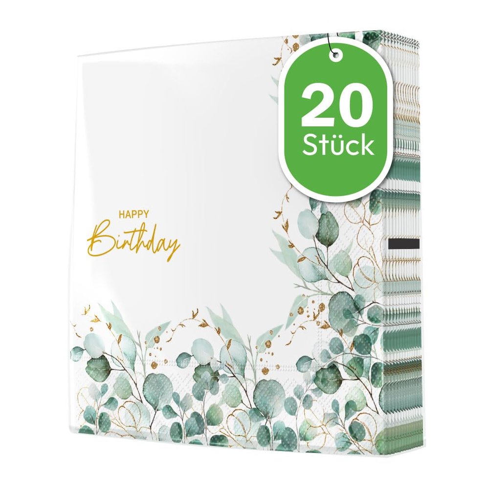 20 Large Fabric-Like Napkins Birthday Eucalyptus Green Border Festive Table Decoration Motif Napkins for Happy Birthday Adults Man Woman Boy Girl Open 40 x 40 cm Folded 20 x 20 cm
