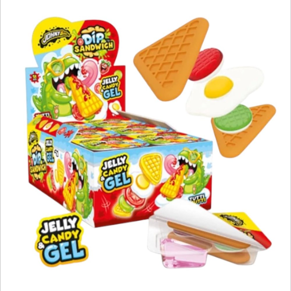 Bobzo Dip Sandwich Jelly Candy Fruity Gummy Sandwiches with Sweet & Sour Dipping Sauce Gluten-Free, Allergen-Free, Multicolor Box of 18 (40g Each)