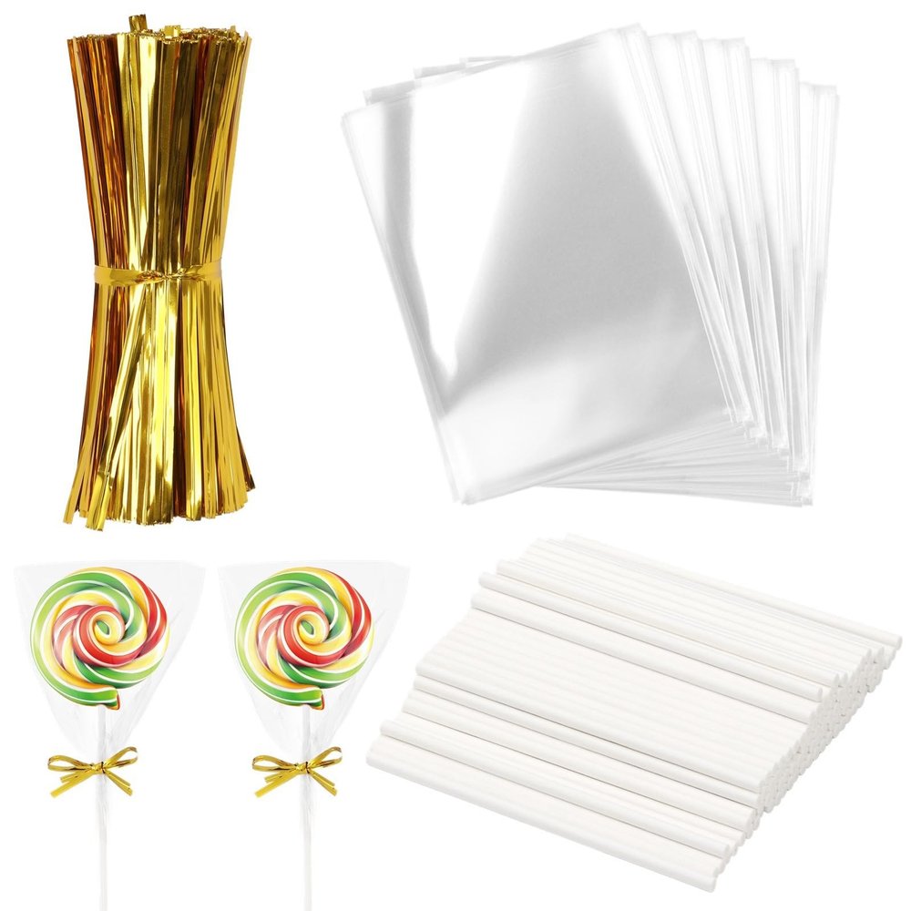 1000 Pieces Cake & Lolli Supplies Set, Includes 100 Treat Bags, 100 Sticks, 800 Twist Ties, Great for Cookies and Chocolates