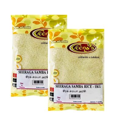 Veena's Seeraga Samba Rice 1kg Aromatic and Flavorful Short-Grain Rice for Authentic Biryani and South Indian Dishes Soft and Fluffy Product from India Pack of 2