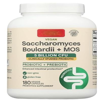 Saccharomyces Boulardii 5 Billion CFU with MOS ? 180 Veggie Capsules ? Probiotic Supplement for Gut Health & Digestive Support